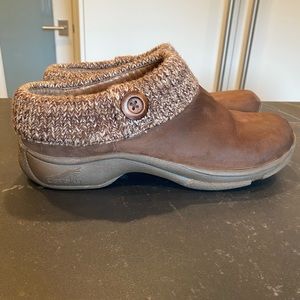 Dansko winter clogs with soft sweater and wood button details